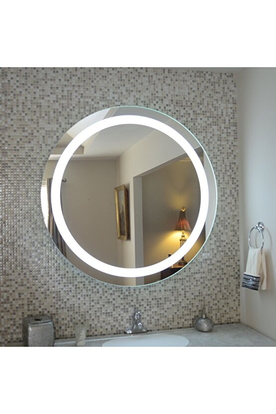 70 cm Kumlamalı Beyaz Ledli Yuvarlak Banyo Aynası Makyaj Aynası Trafolu