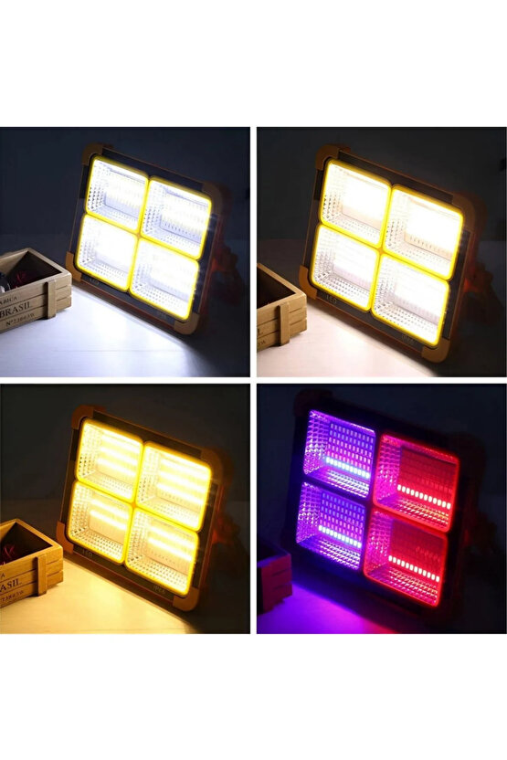 Güneş Enerjili Şarjlı Solar Led Projektör Taşınabilir Sarı Beyaz Ve Çakar Işık Lamba El Fenerli