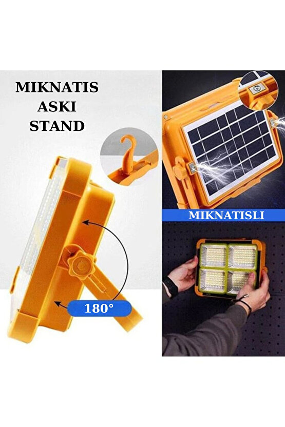 Güneş Enerjili Şarjlı Solar Led Projektör Taşınabilir Sarı Beyaz Ve Çakar Işık Lamba El Fenerli
