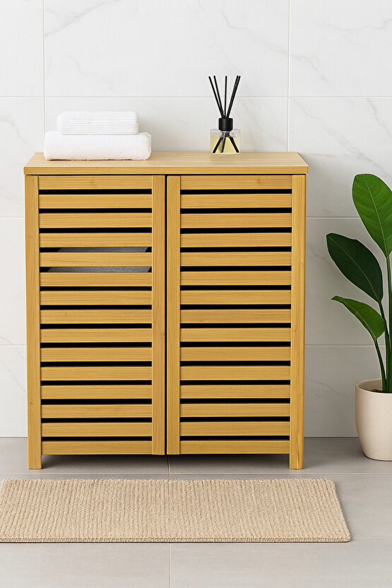 Doğal Bambu Balkon Banyo ve Çamaşır Dolabı – 2 Kapaklı Panjur Tasarım Saklama Dolabı