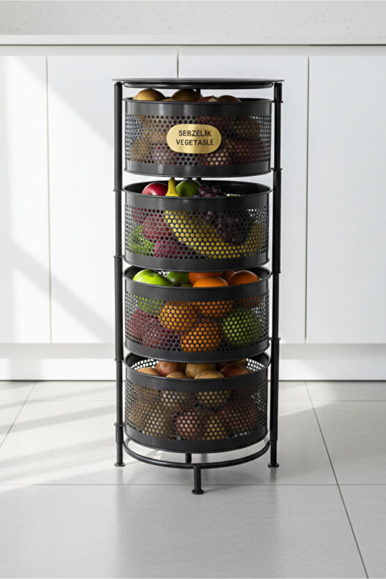 4 Katlı Tepsili Kule Sebzelik Açılır Metal Patates Soğan Meyvelik Sepetli Rafı Siyah