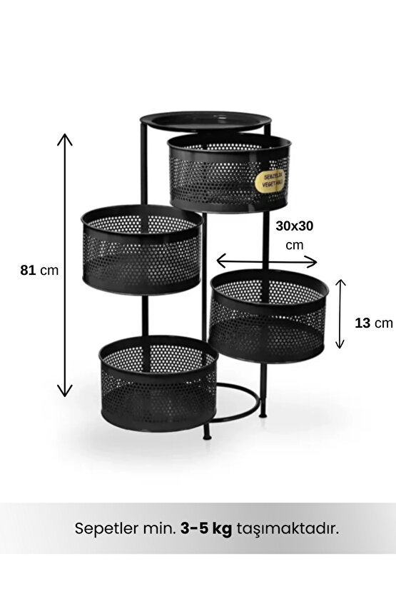 4 Katlı Tepsili Kule Sebzelik Açılır Metal Patates Soğan Meyvelik Sepetli Rafı Siyah