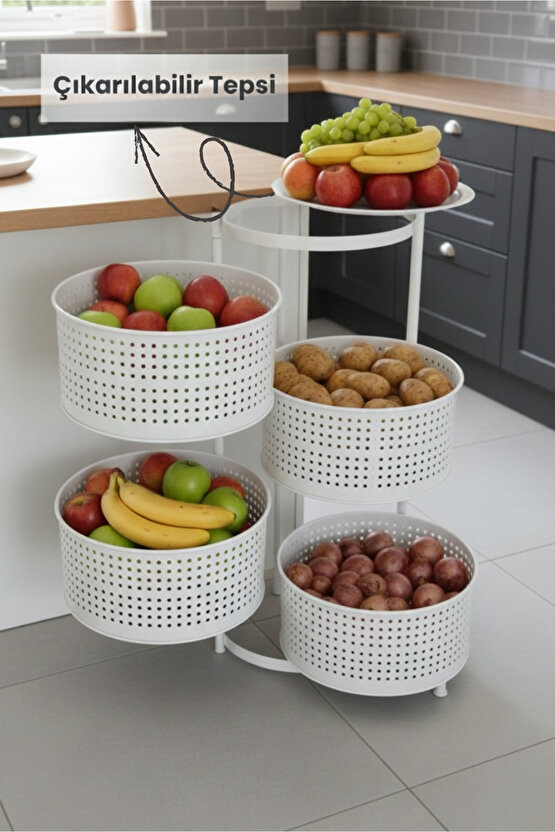 4 Katlı Tepsili Kule Sebzelik Açılır Metal Patates Soğan Meyvelik Sepetli Rafı Beyaz