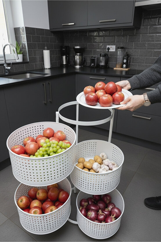 4 Katlı Tepsili Kule Sebzelik Açılır Metal Patates Soğan Meyvelik Sepetli Rafı Beyaz