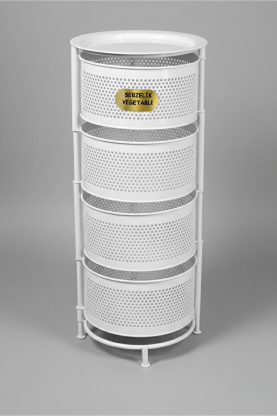 4 Katlı Tepsili Kule Sebzelik Açılır Metal Patates Soğan Meyvelik Sepetli Rafı Beyaz