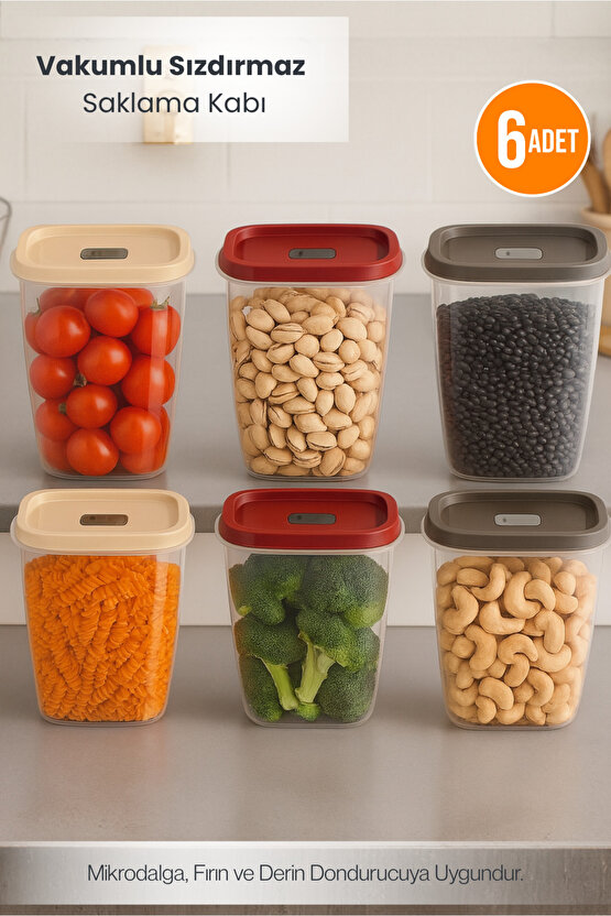 6lı Vakumlu Sızdırmaz Kapaklı Saklama Kabı Erzak Düzenleyici Set 3 Renk 2,5 L