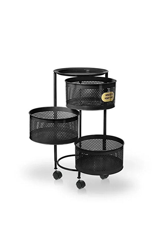 Kule Sebzelik 3 Katlı Tepsili Açılır Metal Patates Soğan Meyvelik Sepetli Rafı Siyah