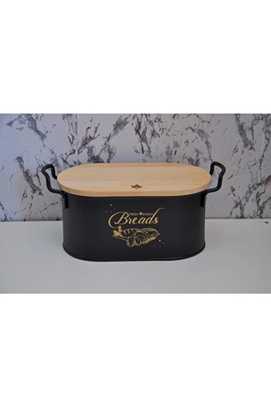 Ahşap Kesme Tahtalı Siyah Metal Ekmeklik - Bambu Kapaklı Kesme Tahtalı Ekmek Kovası