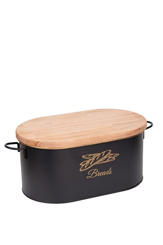 Ahşap Kesme Tahtalı Siyah Metal Ekmeklik - Bambu Kapaklı Kesme Tahtalı Ekmek Kovası
