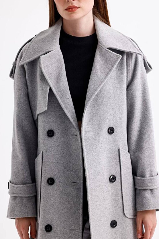 Kuşaklı Düğmeli Kaşe Kaban