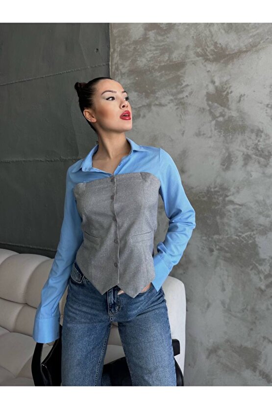 mavi-gri ikili görünüm gömlek