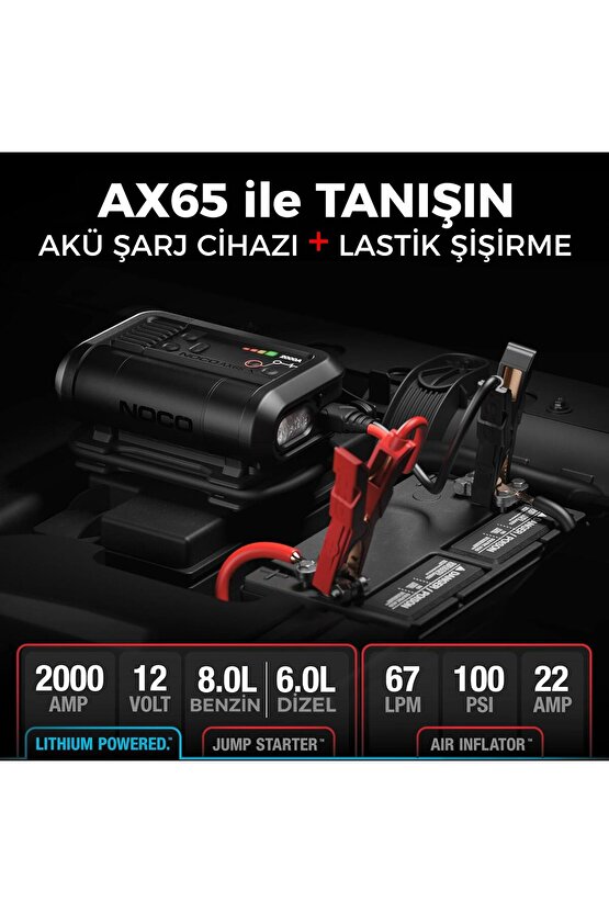 AX65 12V Lityum 2000Amp Akıllı Akü Takviye + Pompa + Powerbank + Led Lamba