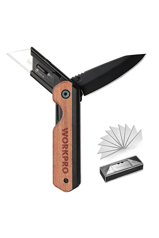 WP211015 2-IN-1 Ahşap Saplı Profesyonel Cep Çakısı & Katlanır Rötuş Maket Bıçağı + 11 Adet Y