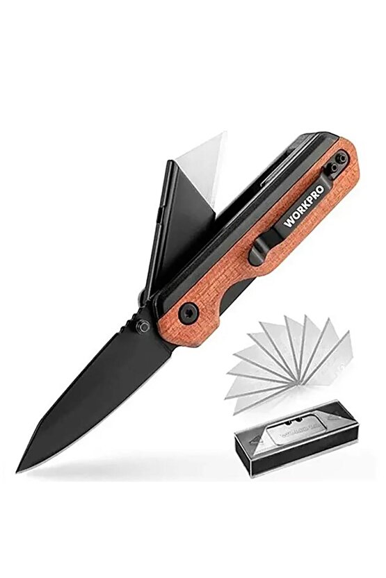 WP211015 2-IN-1 Ahşap Saplı Profesyonel Cep Çakısı & Katlanır Rötuş Maket Bıçağı + 11 Adet Y