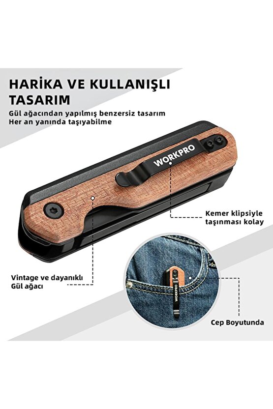 WP211015 2-IN-1 Ahşap Saplı Profesyonel Cep Çakısı & Katlanır Rötuş Maket Bıçağı + 11 Adet Y