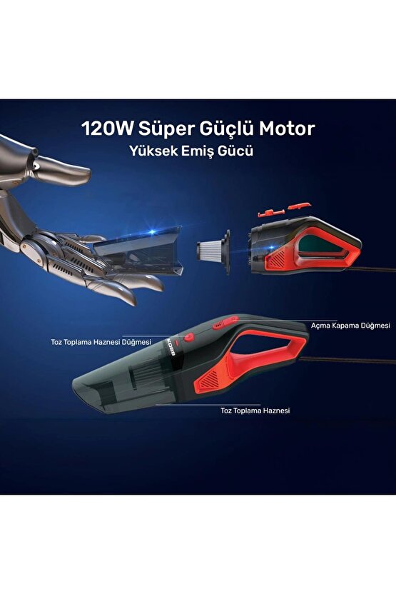 KBV12 12Volt120Watt Araç Süpürgesi + 5 Parça Aksesuar Seti + Taşıma Çantası