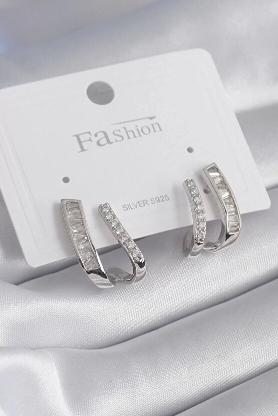 Pirinç Gümüş Renk Zirkon Taşlı Kadın Küpe