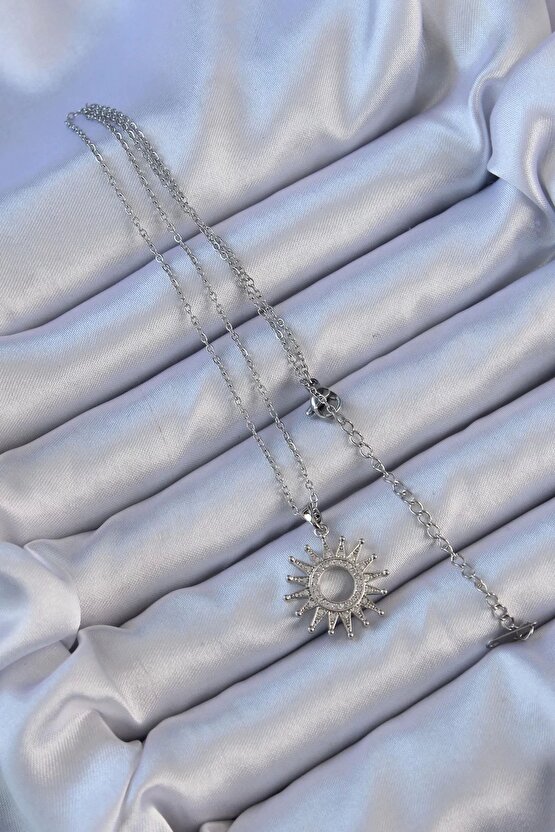 316L Çelik Zincir Gümüş Renk Zirkon Taşlı Parlayan Güneş Kolye