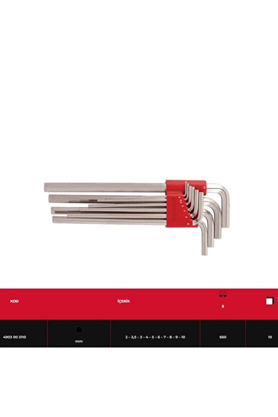 IZELTAS Altı Köşe Uzun Allen Anahtar Takımı 10 Parça