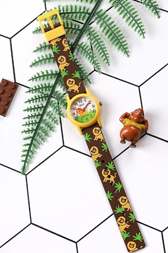 Kahve Sarı Aslan Desenli Su Geçirmez Rakamlı Erkek Çocuk Kol Saati