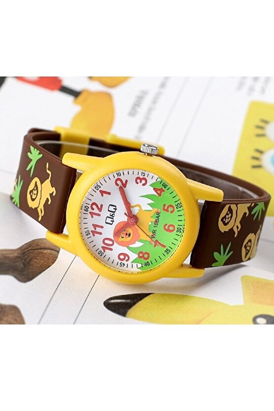 Kahve Sarı Aslan Desenli Su Geçirmez Rakamlı Erkek Çocuk Kol Saati