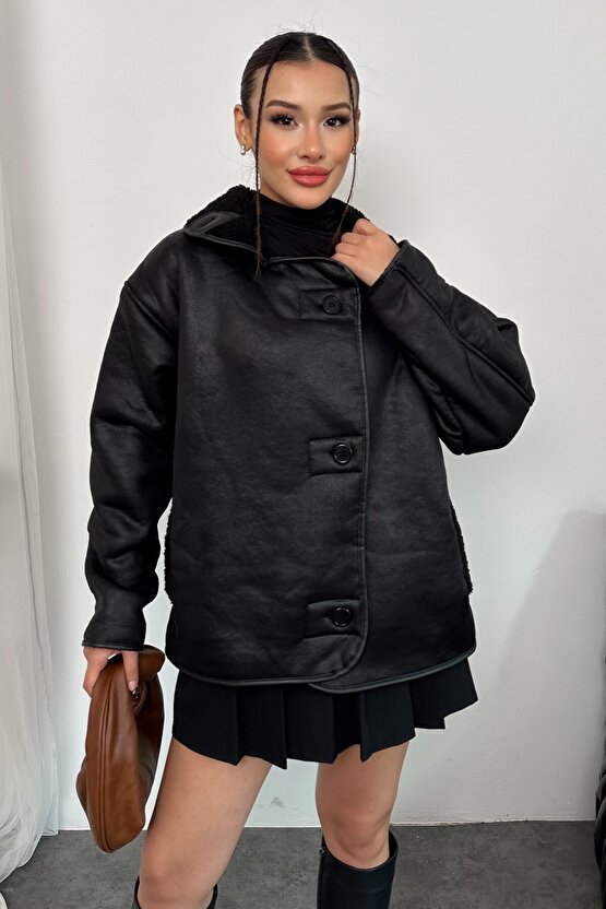 Kadın İçi Peluş Kürklü Oversize Suni Deri Mont - Else Lamine Süet Ceket