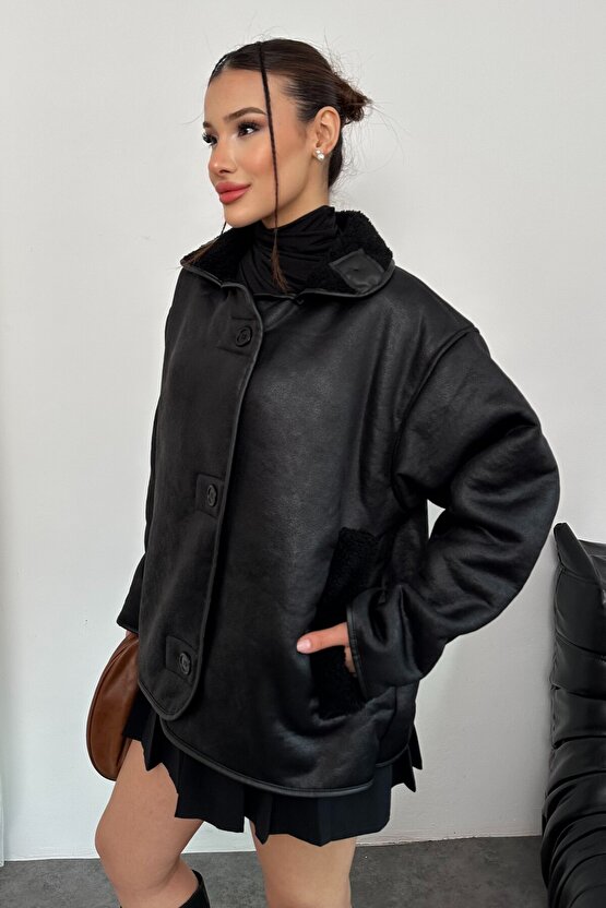 Kadın İçi Peluş Kürklü Oversize Suni Deri Mont - Else Lamine Süet Ceket