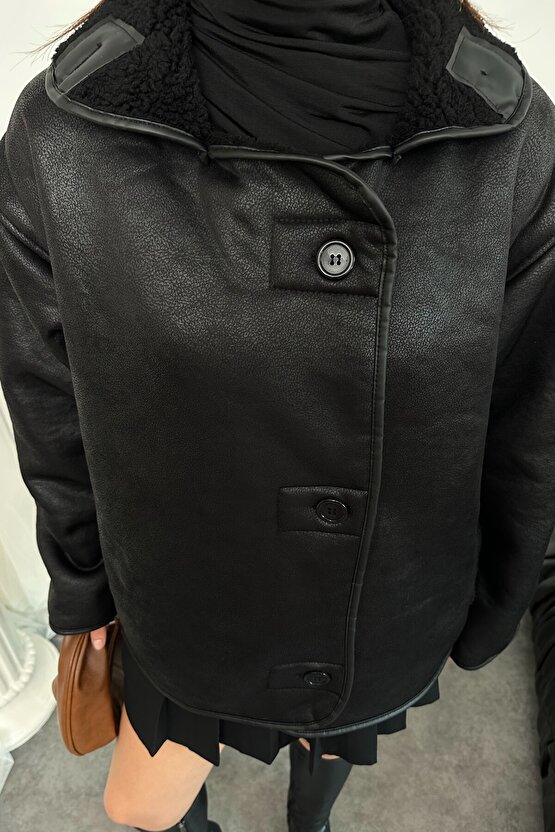 Kadın İçi Peluş Kürklü Oversize Suni Deri Mont - Else Lamine Süet Ceket