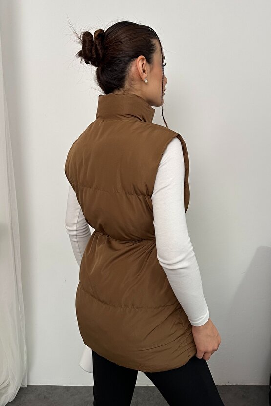 Kadın Kahverengi Şişme Yelek - Fermuarlı Cepli Spor Şişme Mont Yelek