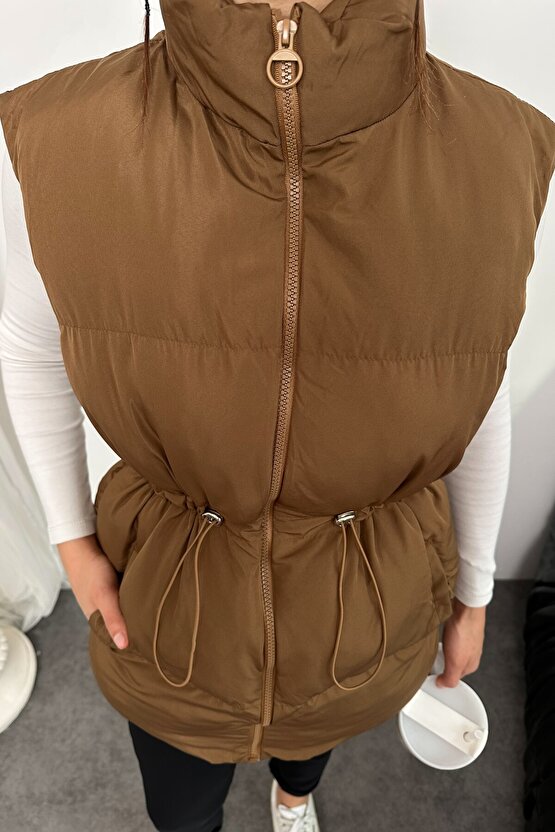 Kadın Kahverengi Şişme Yelek - Fermuarlı Cepli Spor Şişme Mont Yelek