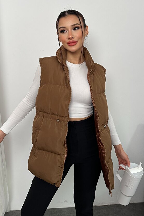 Kadın Kahverengi Şişme Yelek - Fermuarlı Cepli Spor Şişme Mont Yelek
