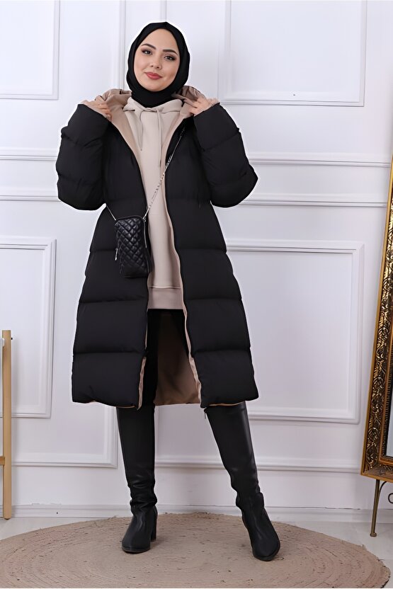 Çift Taraflı Giyilebilir Kapüşonlu Uzun Kadın Şişme Mont – SiyahBej – Su Geçirmez Kışlık Kaban