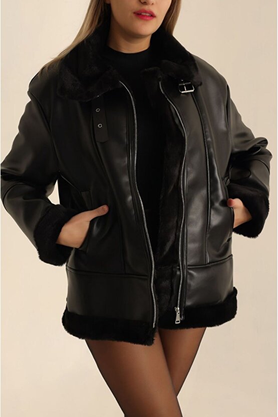 Kadın Suni Deri Siyah Kürklü Mont – Peluş İç Astarlı Deri Ceket