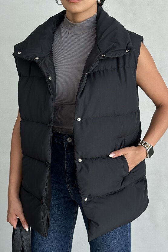 Kadın Filotalı Cep Çıtçıtlı Yakalı Uzun Şişme Yelek