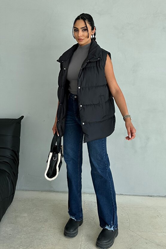 Kadın Filotalı Cep Çıtçıtlı Yakalı Uzun Şişme Yelek