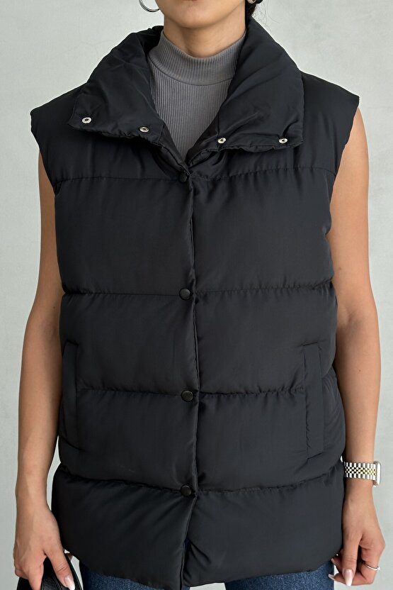 Kadın Filotalı Cep Çıtçıtlı Yakalı Uzun Şişme Yelek