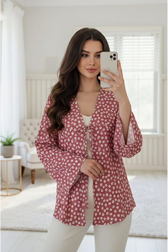 Pudra Çiçekli Önü Bağlamalı Kimono Tunik  Ütü İstemez 85 CM BOY