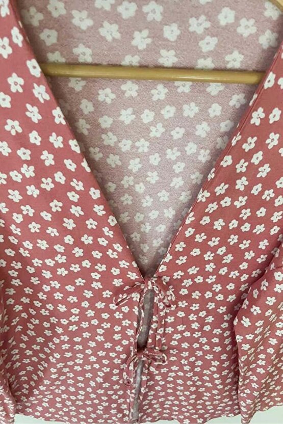 Pudra Çiçekli Önü Bağlamalı Kimono Tunik  Ütü İstemez 85 CM BOY