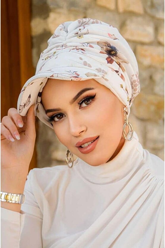 Beyaz Çiçek Desen Tesettür Şapka Bone