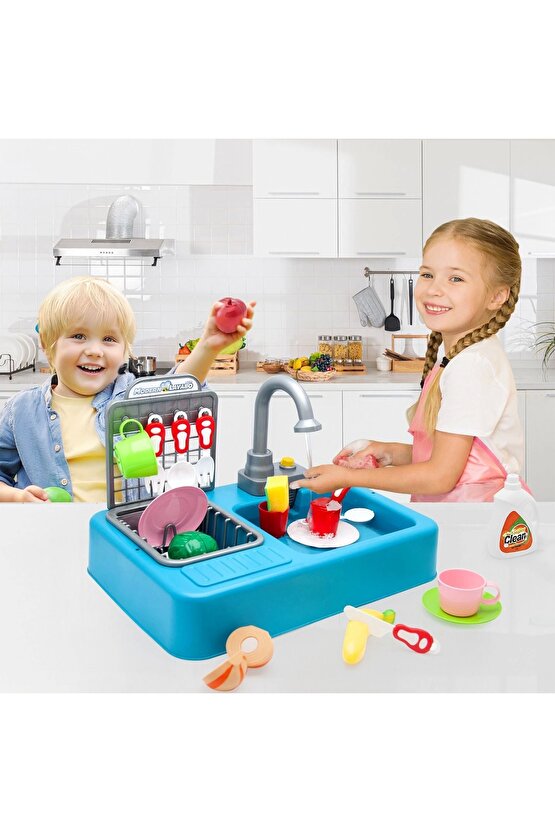 Su Akıtan Modern Mutfak Seti - Çeşmeli Işıklı ve Sesli Lavabo - Mutfak Seti - Su Akan Musluk - Mavi