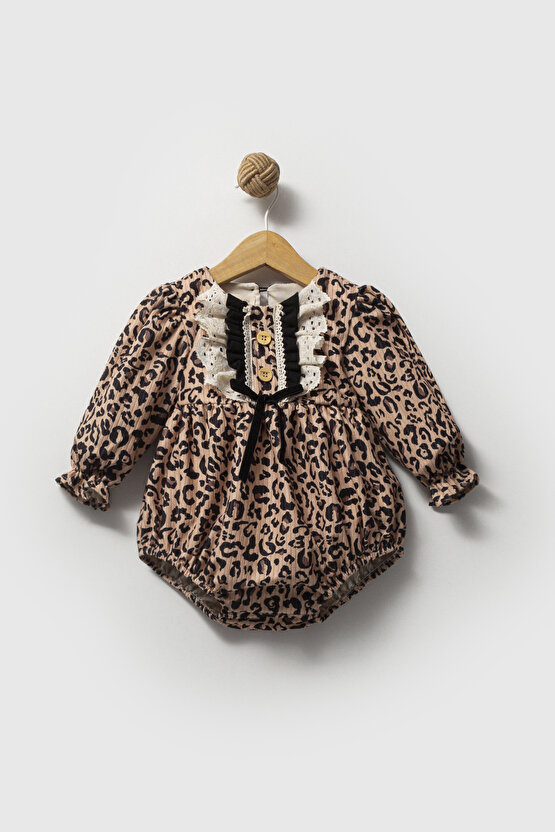 Kız Bebek Kız Çocuk Romper Doğum Günü Parti Düğün Leopar Romper Dantelli Fiyonklu Uzun Kol Romper