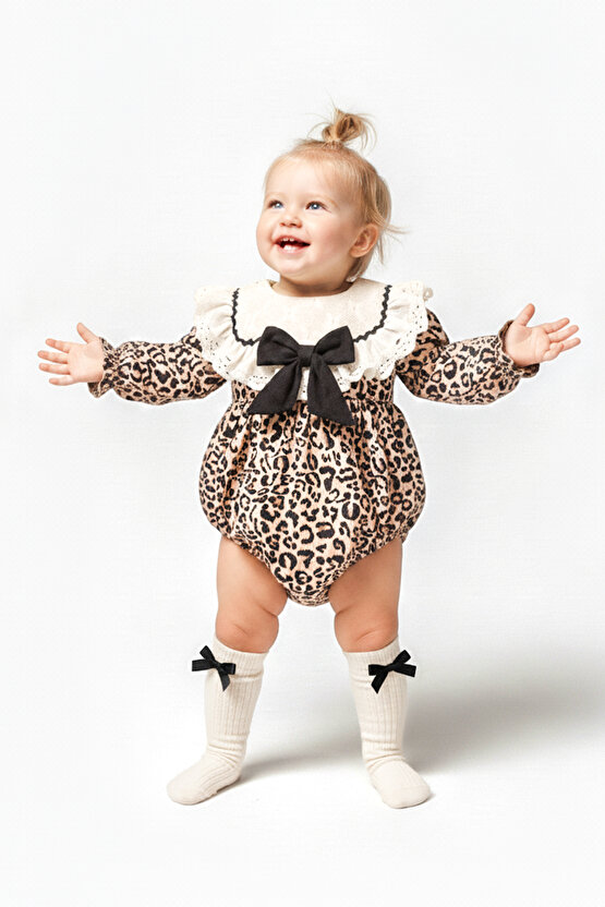 Kız Bebek Kız Çocuk Romper Doğum Günü Parti Düğün Leopar Romper Dantelli Fiyonklu Uzun Kol Romper