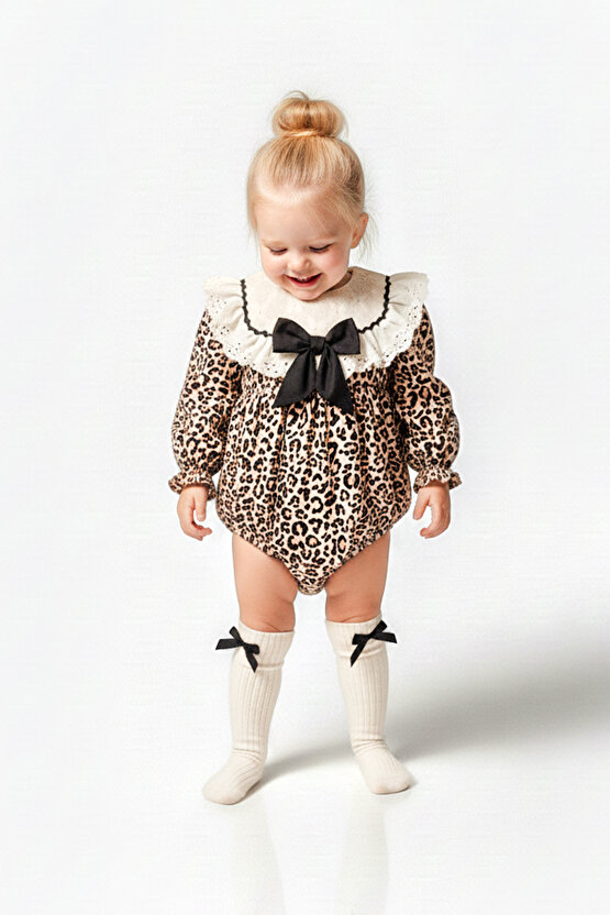 Kız Bebek Kız Çocuk Romper Doğum Günü Parti Düğün Leopar Romper Dantelli Fiyonklu Uzun Kol Romper