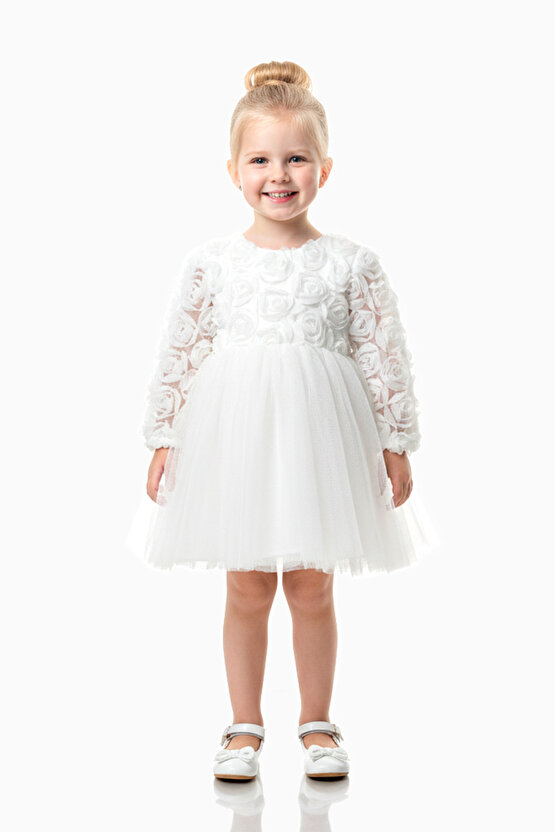 Kız Bebek Kız Çocuk Doğum Günü Parti Düğün Elbise Uzunkollu Güllü Fiyonklu Tüllü Tütü Astarlı