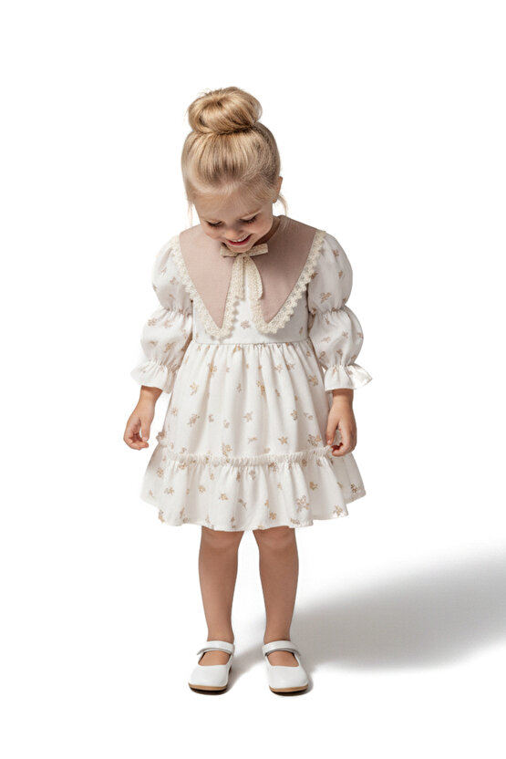 Kız Bebek Elbise Kız Çocuk Elbise Yakalı Doğum Günü Parti Düğün Özel Gün Uzun Kol Astarlı Elbise