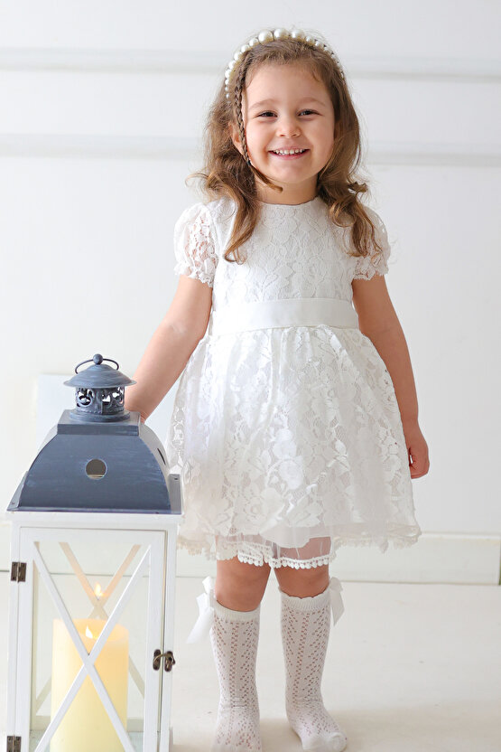 Kız Bebek Elbise Kız Çocuk Elbise Doğum Günü Parti Düğün Elbise Dantelli Kısa Kol Astarlı Elbise