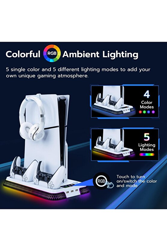 PS5 İÇİN SOĞUTMA STANDI ÇİFT KOL ŞARJ RGB LED IŞIKLI 3 USB GİRİŞLİ SLİM PRO UYUMLU STAND