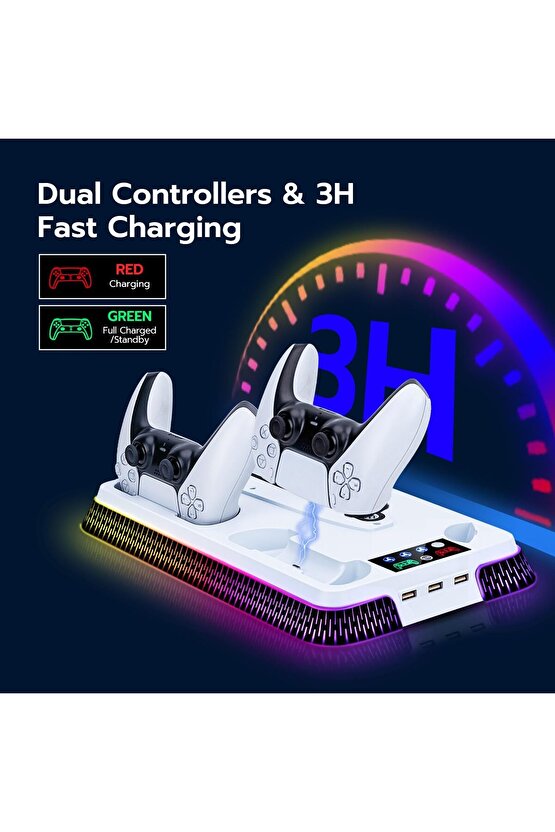 PS5 İÇİN SOĞUTMA STANDI ÇİFT KOL ŞARJ RGB LED IŞIKLI 3 USB GİRİŞLİ SLİM PRO UYUMLU STAND