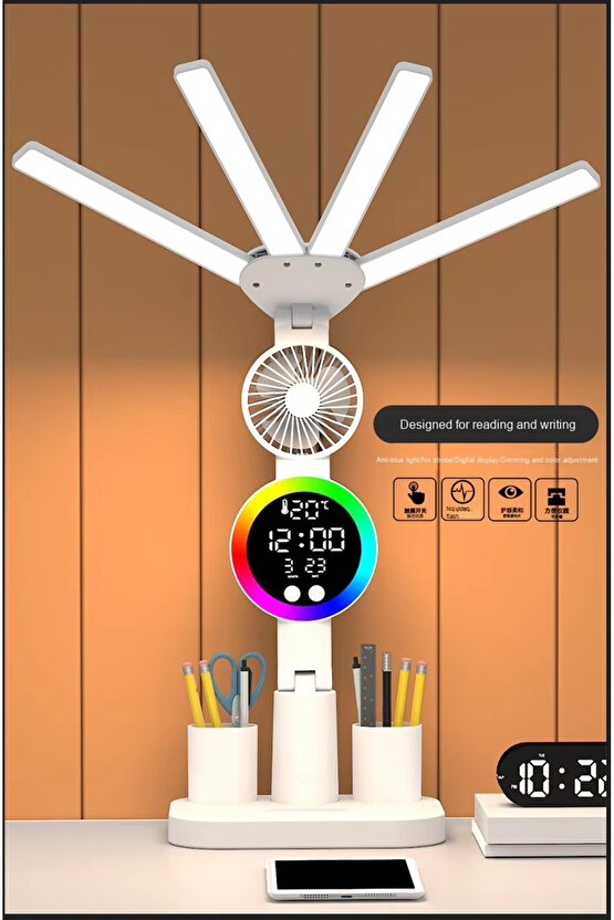 ÇOK FONKSİYOKLU MASA LAMBASI RGB LED IŞIKLI SAAT TAKVİM DERECE VANTİLATÖR KALEMLİK
