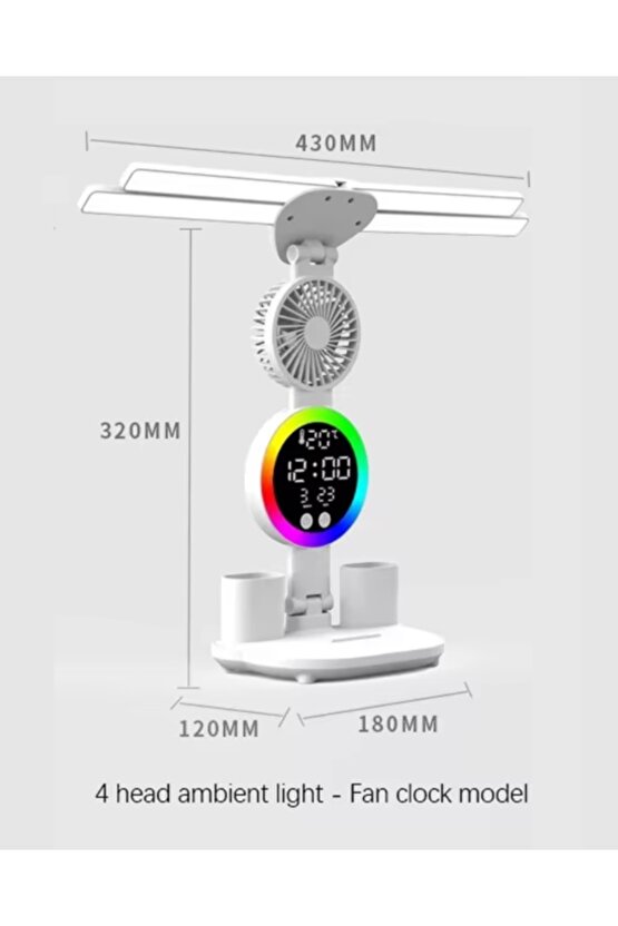 ÇOK FONKSİYOKLU MASA LAMBASI RGB LED IŞIKLI SAAT TAKVİM DERECE VANTİLATÖR KALEMLİK